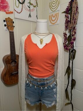 Orange Ribbed Notch-Neck Tank Top